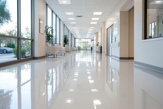 A bright and modern hospital corridor featuring clean lines and ample natural light, symbolizing a welcoming environment focused on patient comfort and health well-being.