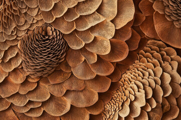 Textured pinecone close-up, intricate overlapping scales in warm brown tones, natural and detailed