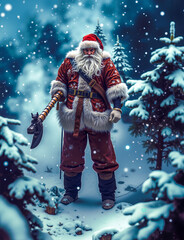 A man dressed as Santa Claus standing in the snow with a axe