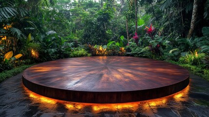 A circular wooden stage in a lush tropical garden, illuminated by warm lights.
