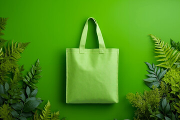 A green tote bag surrounded by green plants on a green background