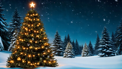 Obraz premium Christmas and winter holiday marketing background, with winter and christmas tree themes, christmas ornaments and presents, snowy vibes.