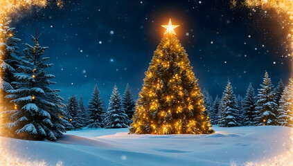 Naklejka premium Christmas and winter holiday marketing background, with winter and christmas tree themes, christmas ornaments and presents, snowy vibes.