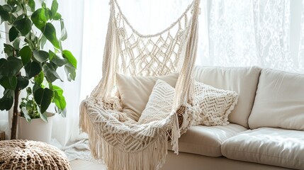 Fototapeta premium Cozy cream macrame hanging chair with pillows in bright living room.