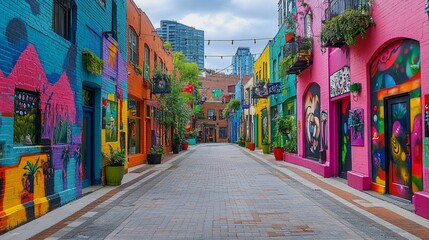 Fototapeta premium Vibrant urban alleyway with colorful murals and bright buildings, creating a lively atmosphere in a city.