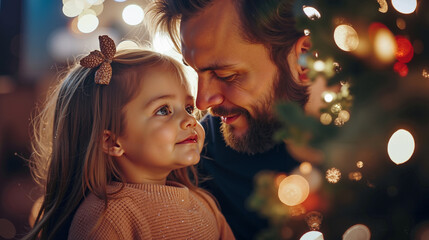 A man and a little girl looking at a Christmas tree