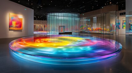 Obraz premium A colorful, circular platform sits in the middle of a modern art gallery with paintings displayed on the walls.