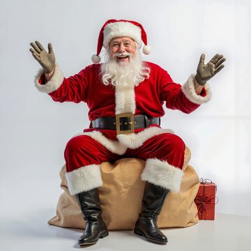 A man dressed as Santa Claus sitting on top of a sack of presents