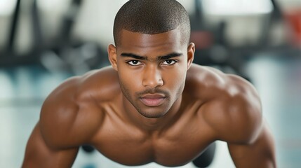 Person engages in push-up exercise focusing on form with gym equipment in background