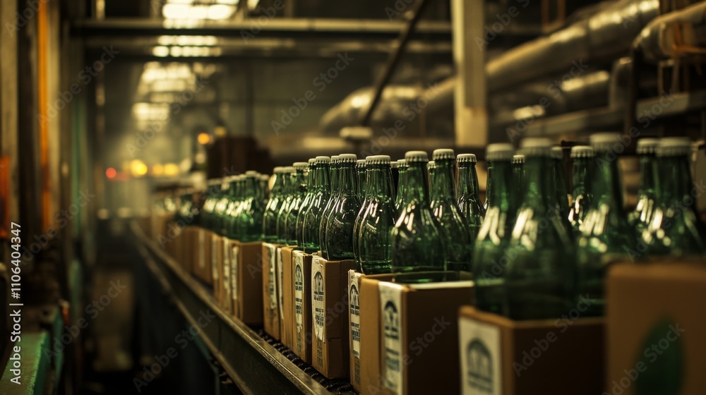 Aufkleber workers prepare fresh juice in a factory environment surrounded by rows of green glass bottles on th