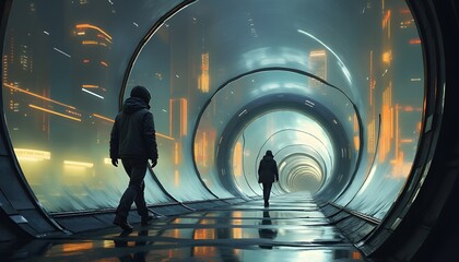 Futuristic Cityscape Tunnel  Two Figures Walking