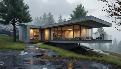 Modern Concrete House in Foggy Forest