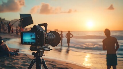 Camera filming beach sunset scene with models.