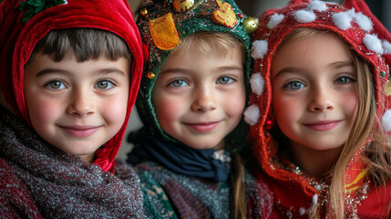 Children smiling during a snowy festive gathering in winter wonderland