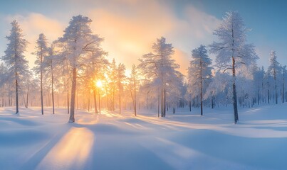 A panoramic view of the snowy landscape bathed in the warm