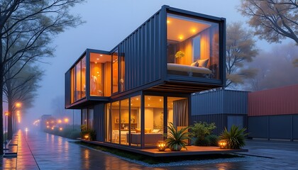 Modern Shipping Container House at Dusk