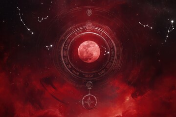 Crimson with a soft moon, rings in a spiral, ancient scroll symbols, and faint silver constellations.