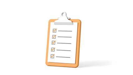 Check list on clip board 3d icon. Render clipboard with document, checklist. Business, office and education concept. 3d vector cartoon minimal illustration. Generative AI