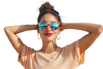 A woman enjoying a sunny day outdoors, wearing colorful sunglasses and striking a confident pose against a bright background