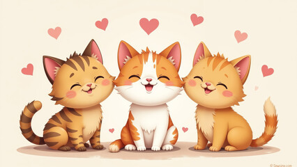 Fototapeta premium Three adorable kittens sharing joy and affection with hearts floating around them