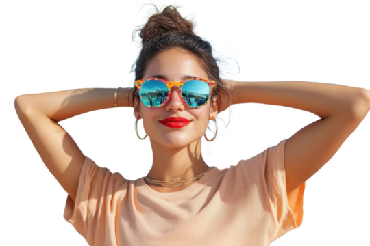 A woman enjoying a sunny day outdoors, wearing colorful sunglasses and striking a confident pose against a bright background