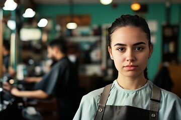 Fototapeta premium A professional female barber stands in the foreground