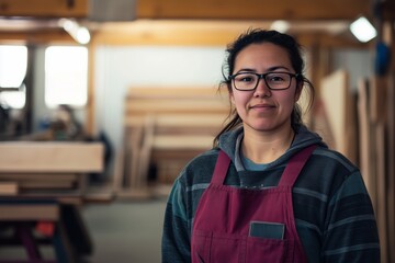 A professional female carpenter stands in the foreground