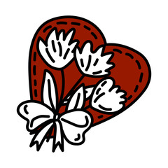 Doodle heart with flowers and bow is perfect for Valentine Day cards, romantic invitations, stickers, gift tags. Vector illustration