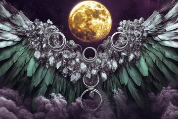 Deep plum with a full golden moon, cascading silver rings, mirrored structures, and soft green feathered wings.