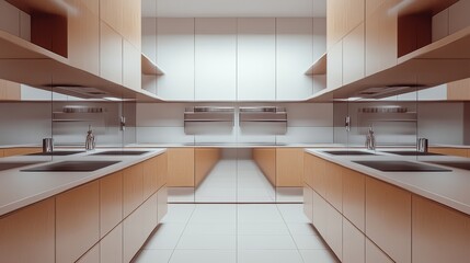Modern minimalist kitchen interior design with symmetrical layout, beige cabinets, and stainless steel appliances.