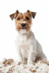 Small dog, tan and white fur, shedding pile.
