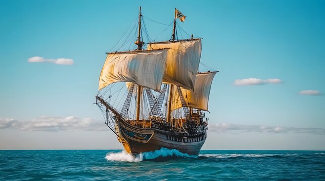 Majestic sailing ship glides across ocean waves under a vibrant sky.