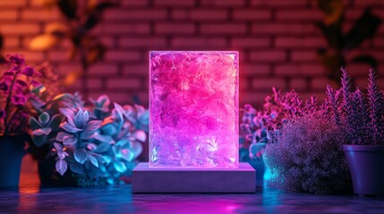 A glowing resin sculpture with pink and blue light, surrounded by plants.