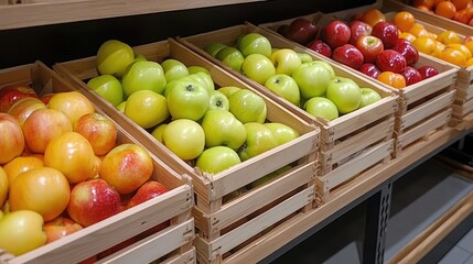 Vibrant apples are neatly placed in wooden crates on a store counter, showcasing their freshness and color under cinematic lighting