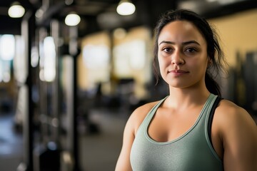 Fototapeta premium A professional female fitness trainer stands in the foreground