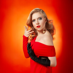 Glamorous Woman in Red Dress with Beauty Makeup