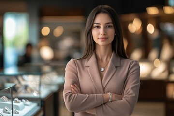A professional female jeweler stands in the foreground