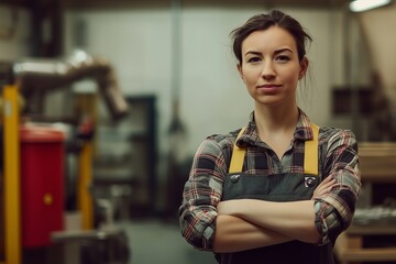 A professional female plumber stands in the foreground