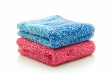 Stacked soft towels, blue atop pink.