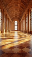 Fototapeta premium A grand, long, and elegant hallway with a vaulted ceiling, large windows, and a wooden floor.