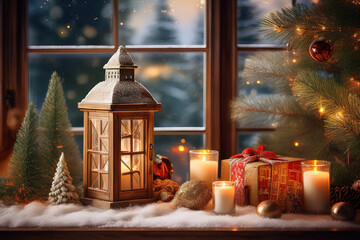Atmosfera natalizia con candele e lanterne sul davanzale della finestra