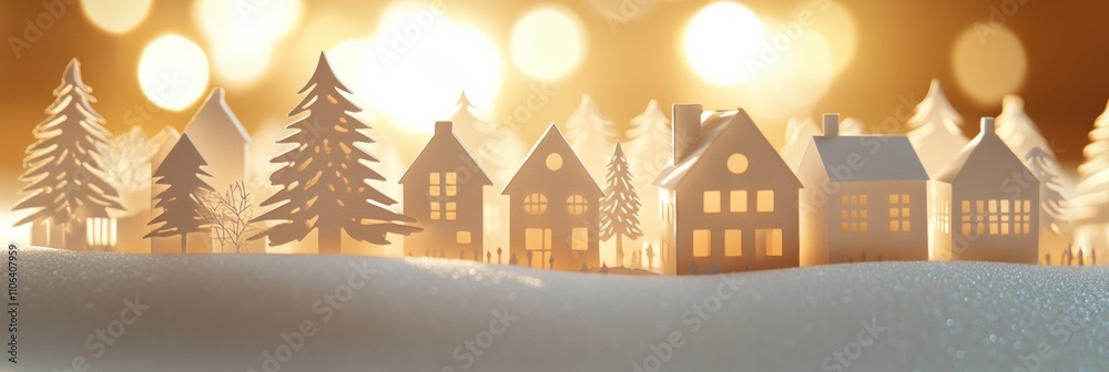 Aufkleber a charming display of a paper-cut christmas village features intricate houses and trees glowing soft