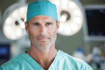 A confident male surgeon stands in an operating room, showcasing a focused expression and professional demeanor, ready to perform surgery in a sterile environment.