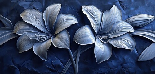 Embossed amaryllis on a dark sapphire base, with intricate petal detailing and shadows for added depth.