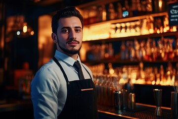 Fototapeta premium A professional male bartender stands in the foreground