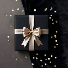 Gift box and golden ribbon on black background with glitter. Black friday sale concept. Banner, Holiday, Christmas, Gift, X-Mas, Happy