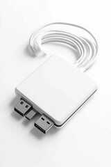 White hub with multiple connectors and cable.