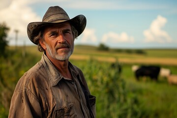 A professional male farmer stands in the foreground