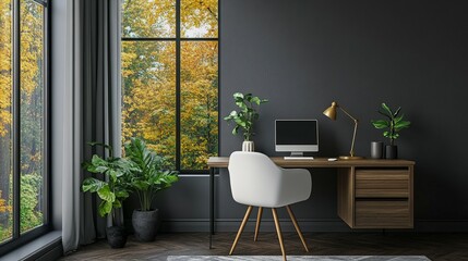 Fototapeta premium Workplace with white chair at wooden drawer writing desk against of window near dark grey wall Interior design of modern scandinavian home office.
