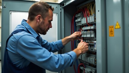 Fototapeta premium Technician working on electrical control panel in a modern facility during daytime operations